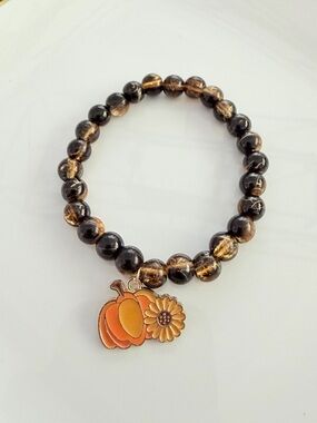 Orange Pumpkin & Sunflower Charm Beaded Bracelet Handmade Jewelry